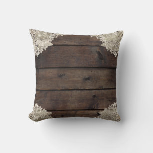 Rustic Barn Wood & Lace Romantic Elegant Farmhouse Cushion