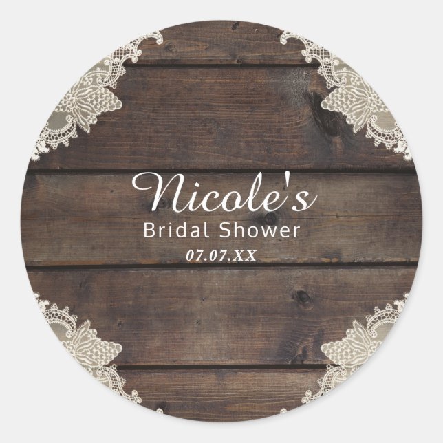 Rustic Barn Wood & Lace Romantic Elegant Favour Classic Round Sticker (Front)