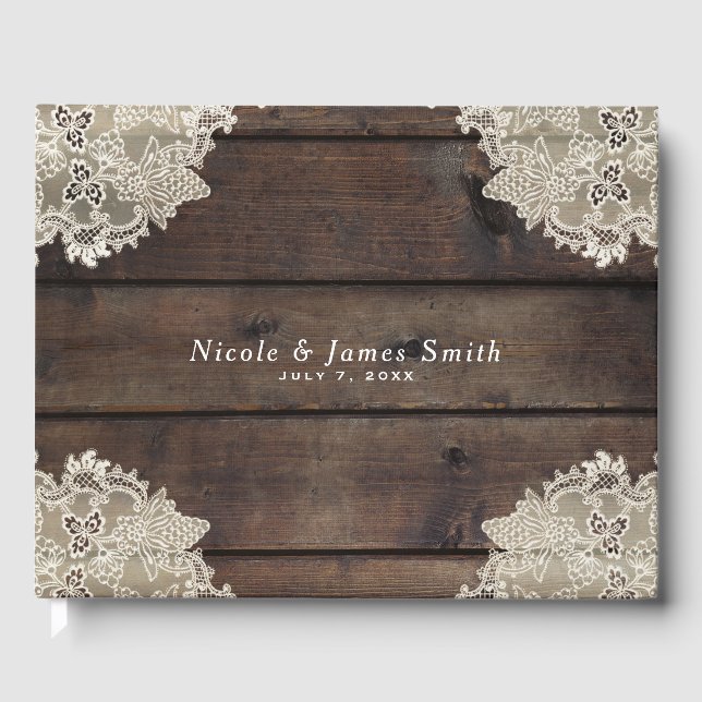 Rustic Barn Wood & Lace Romantic Elegant Wedding Guest Book (Front)