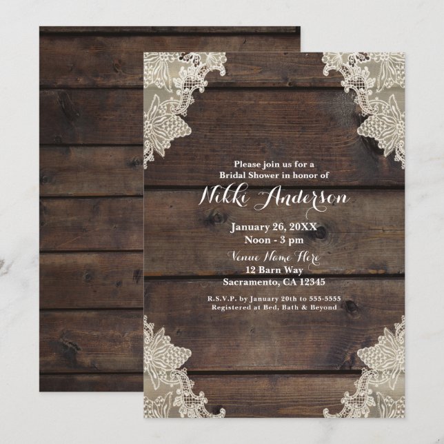 Rustic Barn Wood & Lace Romantic Elegant Wedding Invitation (Front/Back)
