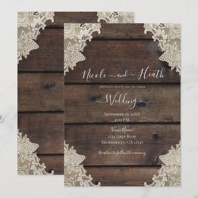 Rustic Barn Wood & Lace Romantic Elegant Wedding  Invitation (Front/Back)