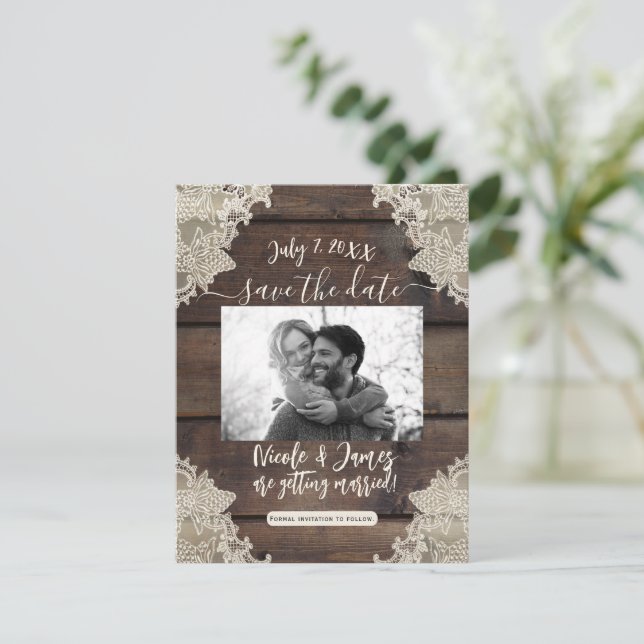 Rustic Barn Wood & Lace Romantic Save the Date  Invitation (Standing Front)