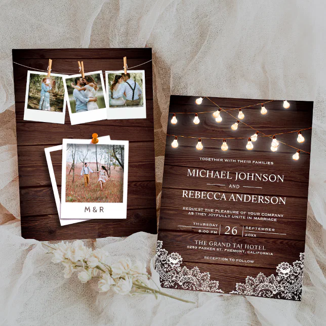 Rustic Barn Wood Lace String Lights Photo Wedding Invitation | Zazzle