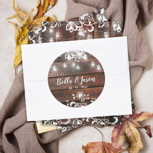 Rustic Barn Wood Lace String Lights Wedding Classic Round Sticker