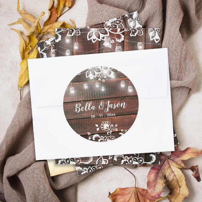 Rustic Barn Wood Lace String Lights Wedding Classic Round Sticker (Rustic Barn Wood String Lights Wedding Envelope Seal Sticker | Lace Rustic Wedding Sticker)