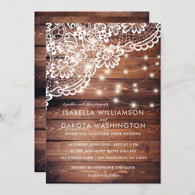 Rustic Barn Wood Lace & String Lights Wedding Invitation (Front/Back)