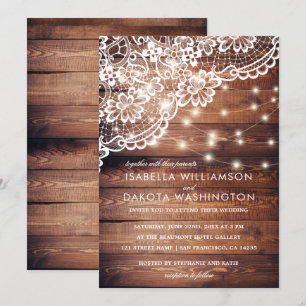 Rustic Barn Wood Lace & String Lights Wedding Invitation