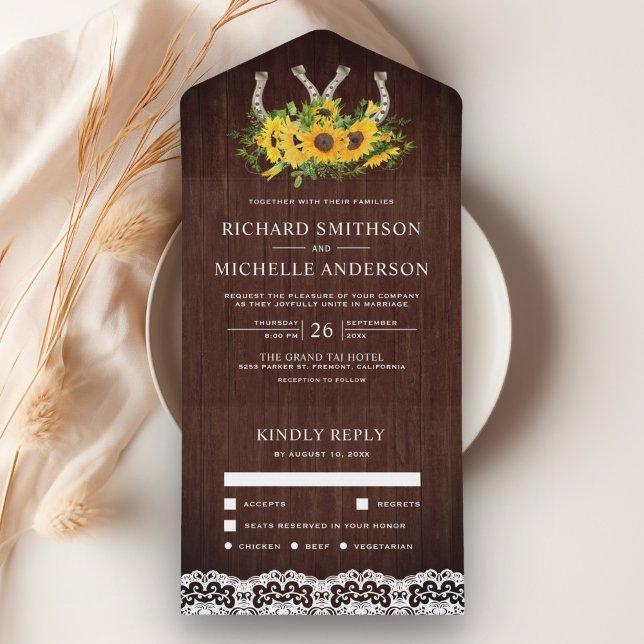 Rustic Barn Wood Lace Sunflower Horseshoes Wedding All In One Invitation (Creator Uploaded)