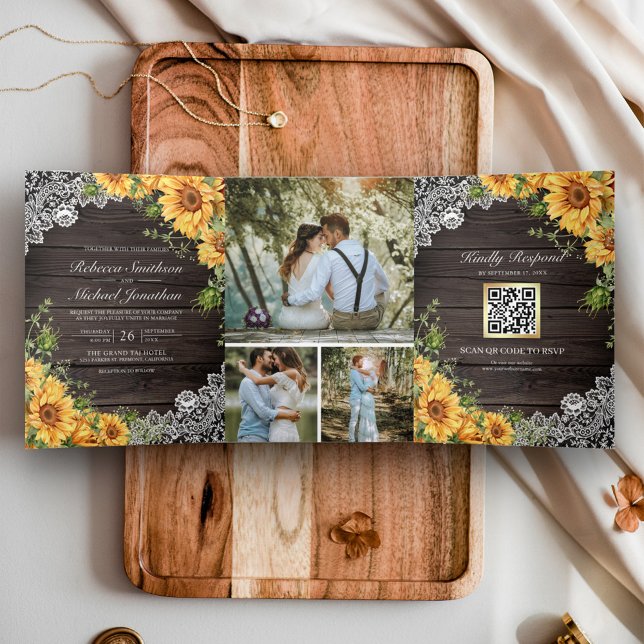 Rustic Barn Wood Lace Sunflowers QR Code Wedding Tri-Fold Invitation (Creator Uploaded)