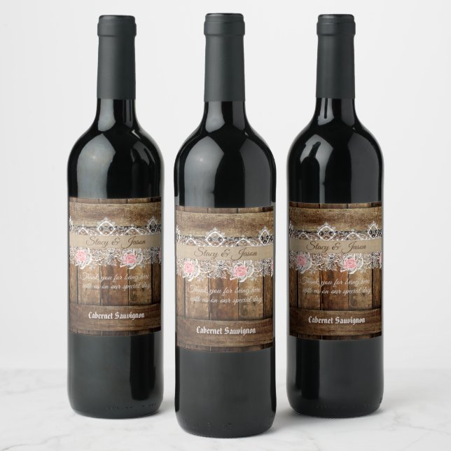Rustic Barn Wood & Lace Wedding Favour Wine Label (Bottles)