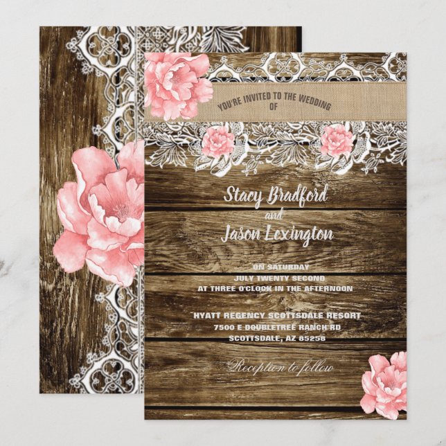 Rustic Barn Wood & Lace Wedding Invitation (Front/Back)
