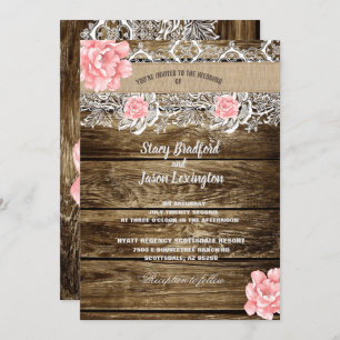 Rustic Barn Wood & Lace Wedding Invitation
