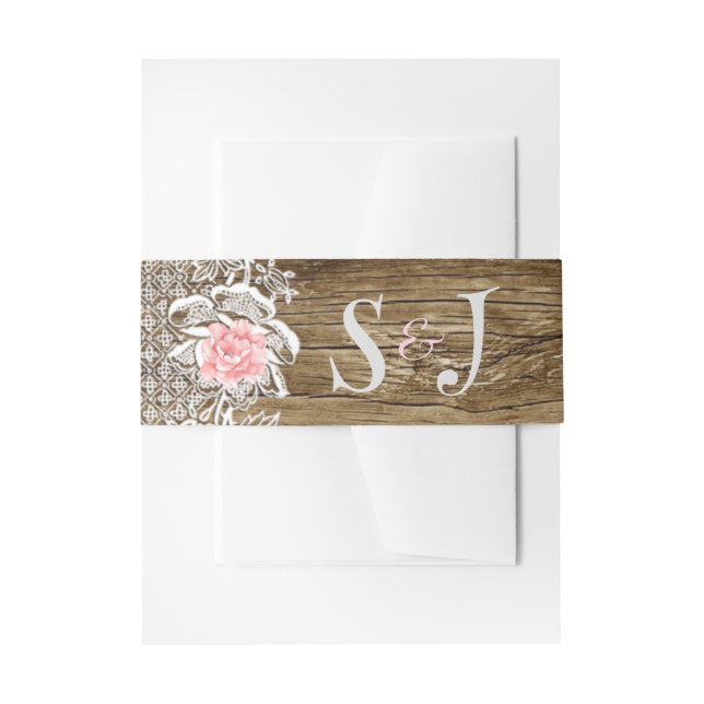 Rustic Barn Wood & Lace Wedding Invitation Belly Band (Front Example)