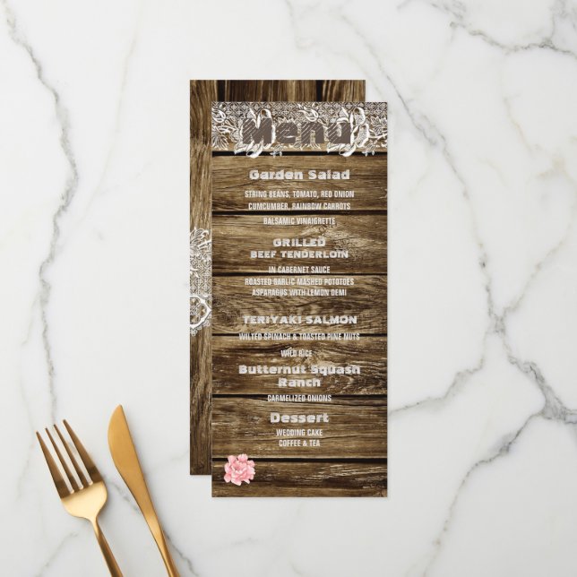 Rustic Barn Wood & Lace Wedding Menu (Front/Back In Situ)