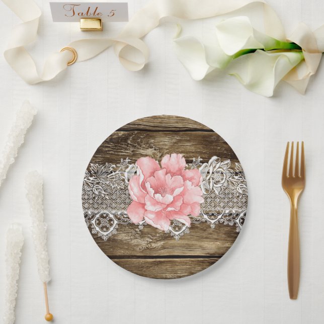 Rustic Barn Wood & Lace Wedding Paper Plate (Wedding)