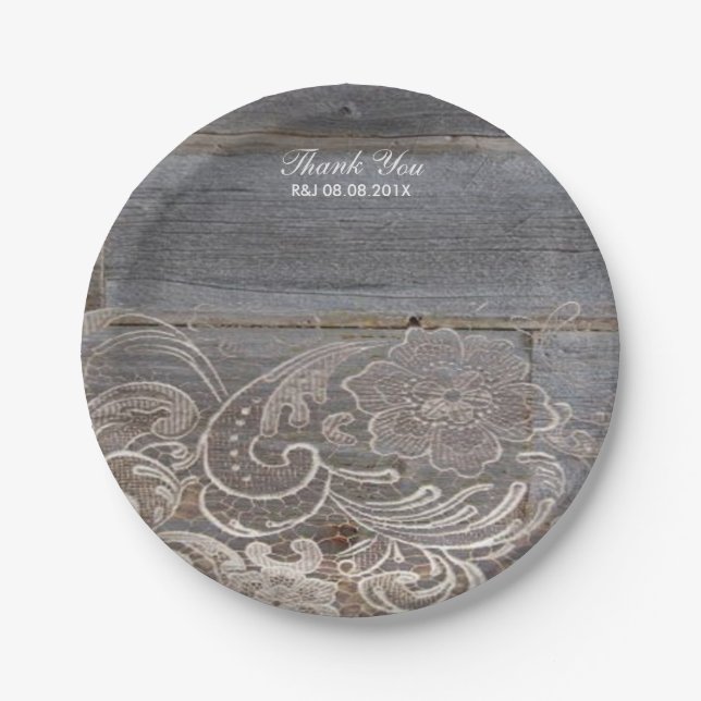 rustic barn wood lace western country wedding paper plate (Front)