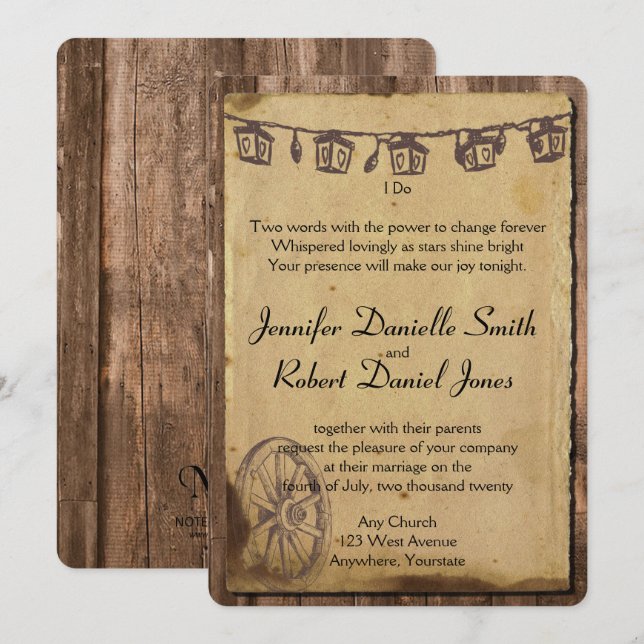 Rustic Barn Wood Lantern Wedding Invitation (Front/Back)