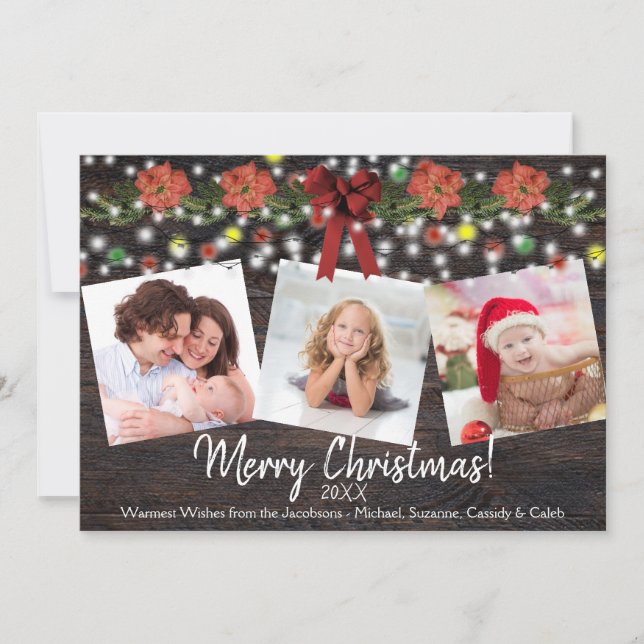 Rustic Barn Wood & Lights 3 Photo Christmas Holiday Card (Front)