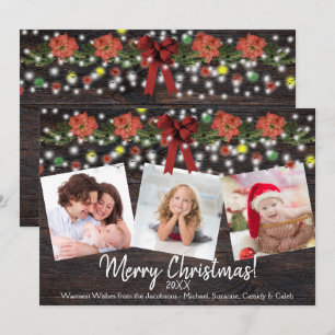 Rustic Barn Wood & Lights 3 Photo Christmas Holiday Card