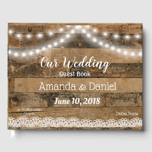 Rustic Barn Wood Lights Lace Wedding Guest Book