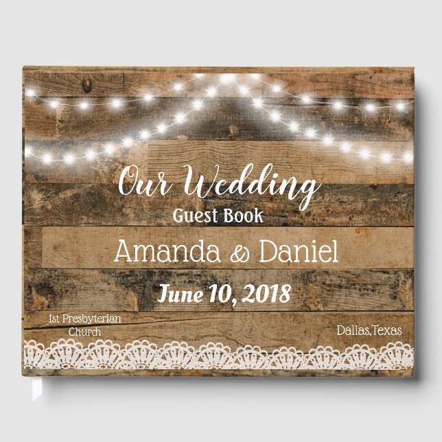 Rustic Barn Wood Lights Lace Wedding Guest Book (Front)