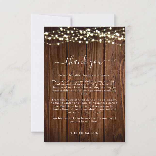Rustic Barn Wood Lights Lace Wedding Thank You Card (Front)