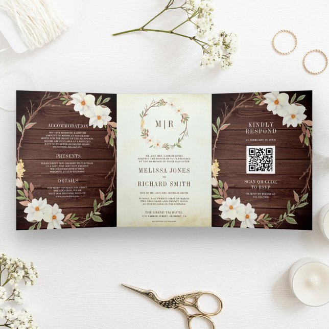 Rustic Barn Wood Magnolia Floral QR Code Wedding Tri-Fold Invitation (Creator Uploaded)
