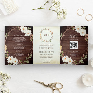 Rustic Barn Wood Magnolia Floral QR Code Wedding Tri-Fold Invitation