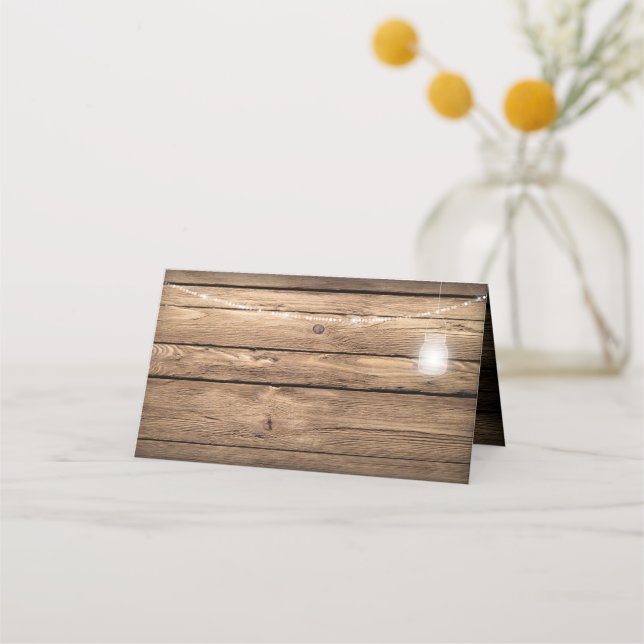 Rustic Barn Wood Mason Jar Lights Place Cards (Front)