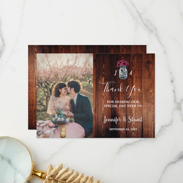 Rustic barn wood mason jar monogram photo wedding thank you card (Front/Back In Situ)