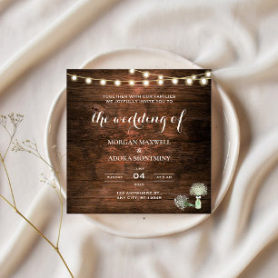 Rustic Barn Wood Mason Jar Square Wedding Invitation