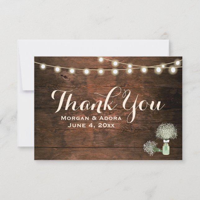 Rustic Barn Wood Mason Jar String Lights Wedding Thank You Card (Front)