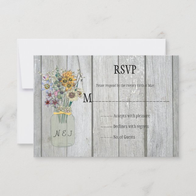 Rustic Barn Wood Mason Jar Wildflowers RSVP Card (Front)