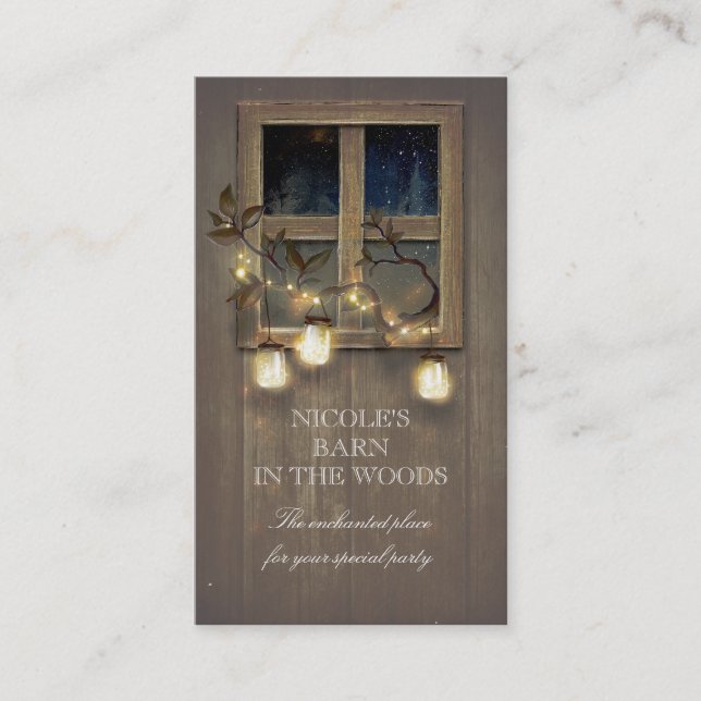 Rustic Barn Wood Mason Jars String Lights Tree Business Card (Front)