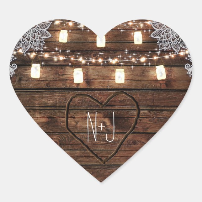 Rustic Barn Wood & Mason Jars Wedding Favour Heart Sticker (Front)