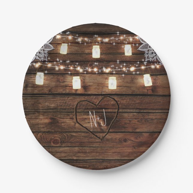 Rustic Barn Wood & Mason Jars Wedding Party Paper Plate (Front)