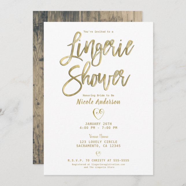 Rustic Barn Wood Modern Gold Lingerie Shower  Invitation (Front/Back)