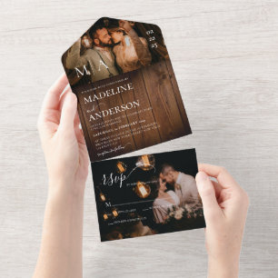 Rustic Barn Wood Monogramed 2 Photo rsvp Wedding All In One Invitation