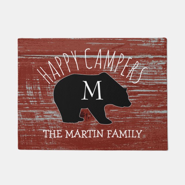 Rustic Barn Wood Monogrammed Bear | Happy Campers Doormat (Front)