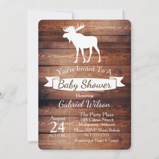 Rustic Barn Wood & Moose Antler Baby Shower Invitation