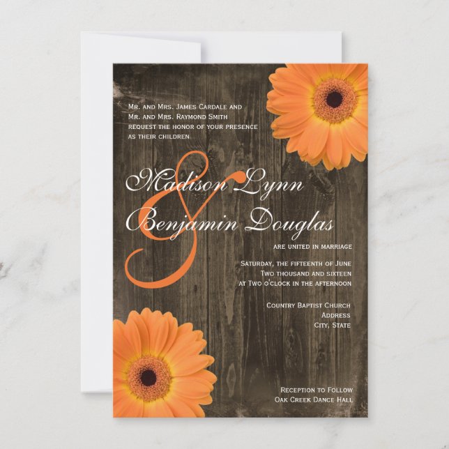 Rustic Barn Wood Orange Daisy Wedding Invitations (Front)