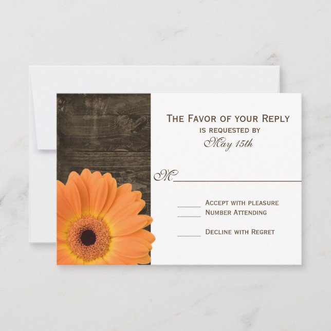 Rustic Barn Wood Orange Daisy Wedding RSVP Cards (Front)