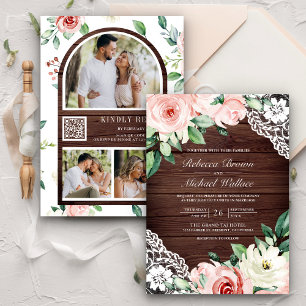 Rustic Barn Wood Peach Floral Lace QR Code Wedding Invitation
