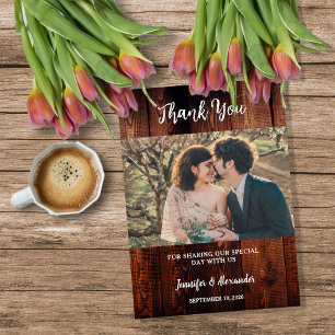 Rustic barn wood photo country wedding thank you card