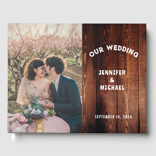 Rustic barn wood photo rural country Wedding Guest Book (Front)