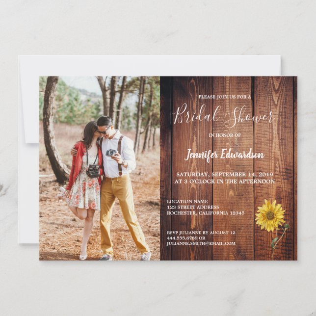Rustic barn wood photo sunflower country invitation (Front)