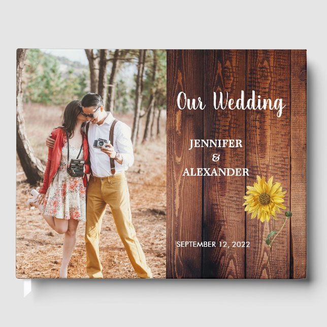 Rustic barn wood photo sunflower country Wedding G Guest Book (Front)