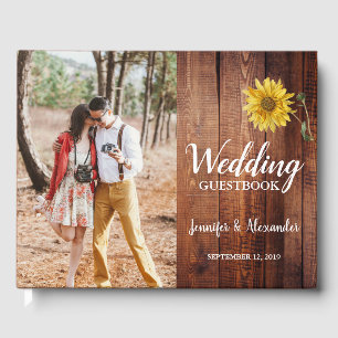 Rustic barn wood photo sunflower country Wedding Guest Book