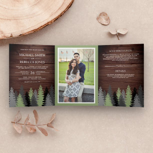 Rustic Barn Wood Pine Trees Photo Forest Wedding Tri-Fold Invitation