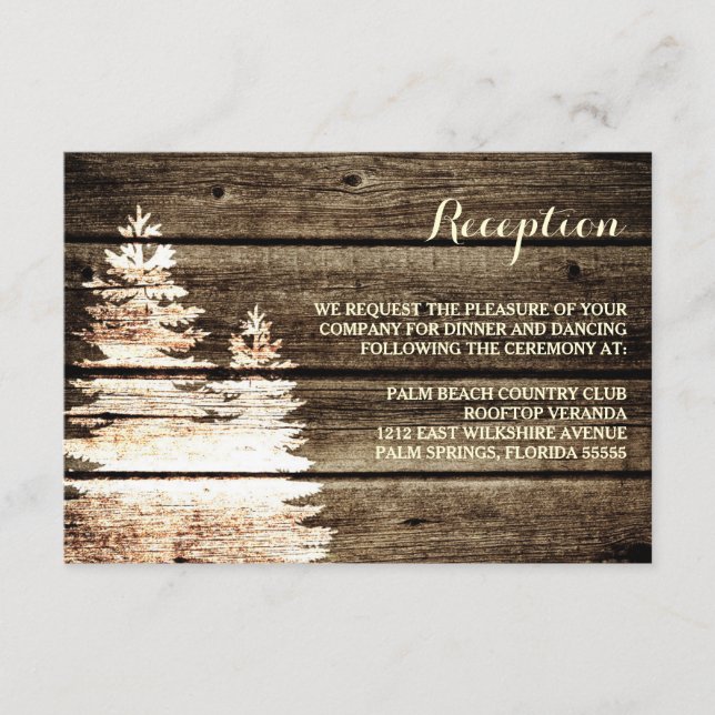 Rustic Barn Wood Pine Trees Winter Reception Card (Front)